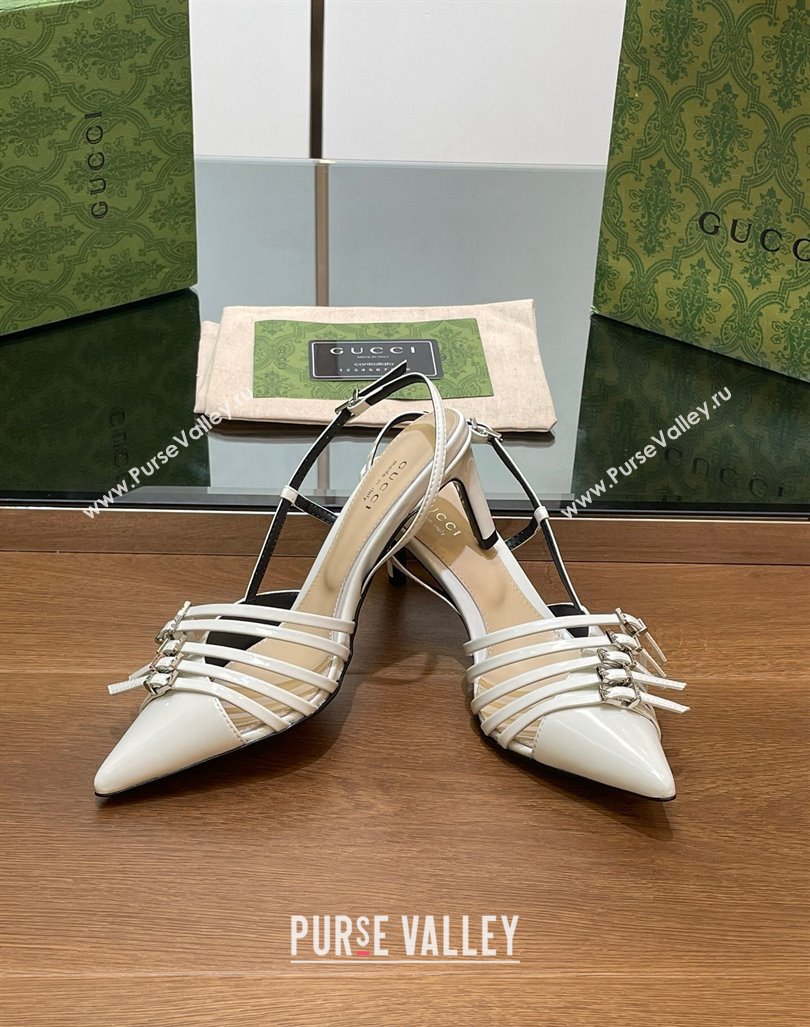 Gucci Patent Leather Slingback Pumps 6.5cm with Multi Buckle White 2024 (SS-240906068)