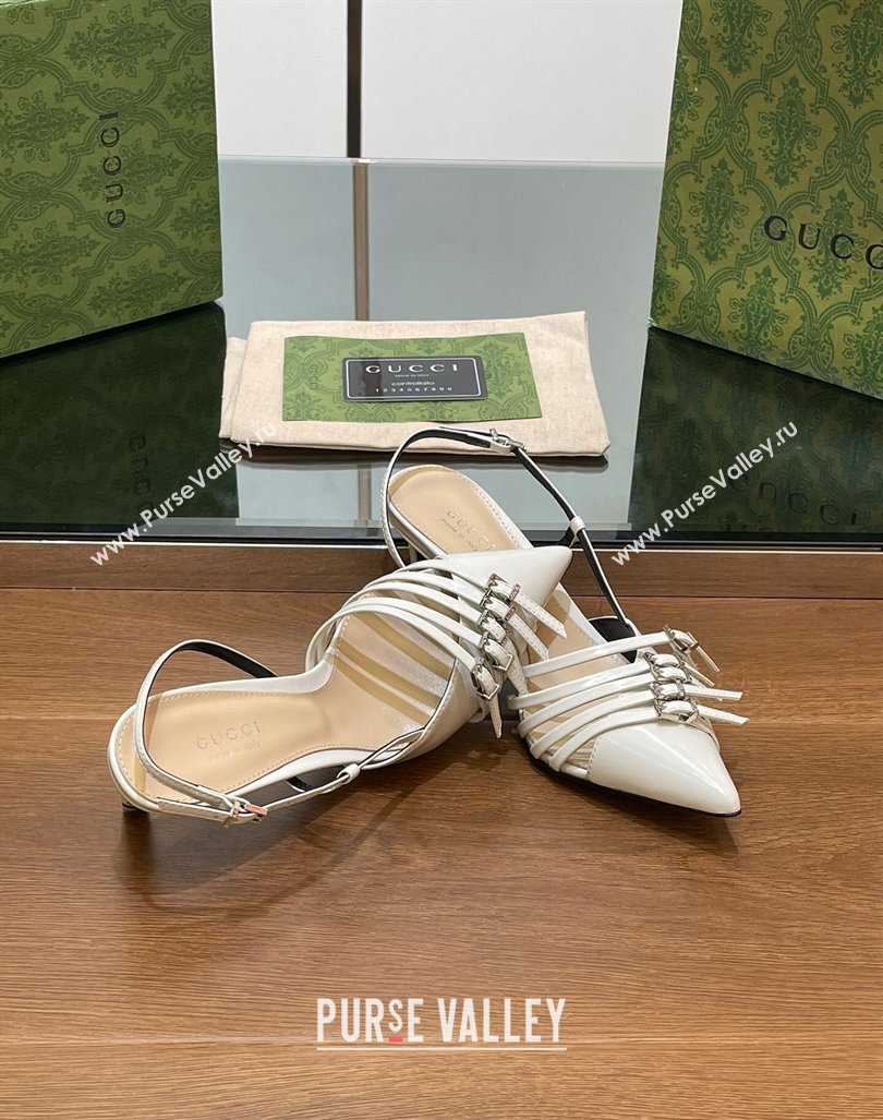 Gucci Patent Leather Slingback Pumps 6.5cm with Multi Buckle White 2024 (SS-240906068)