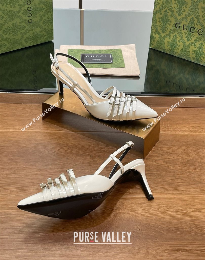 Gucci Patent Leather Slingback Pumps 6.5cm with Multi Buckle White 2024 (SS-240906068)