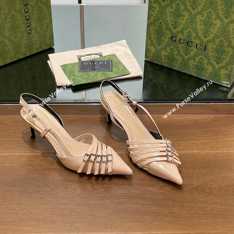 Gucci Patent Leather Slingback Pumps 6.5cm with Multi Buckle Nude 2024 (SS-240906070)