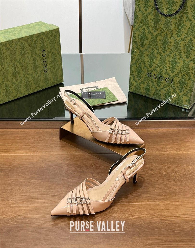 Gucci Patent Leather Slingback Pumps 6.5cm with Multi Buckle Nude 2024 (SS-240906070)