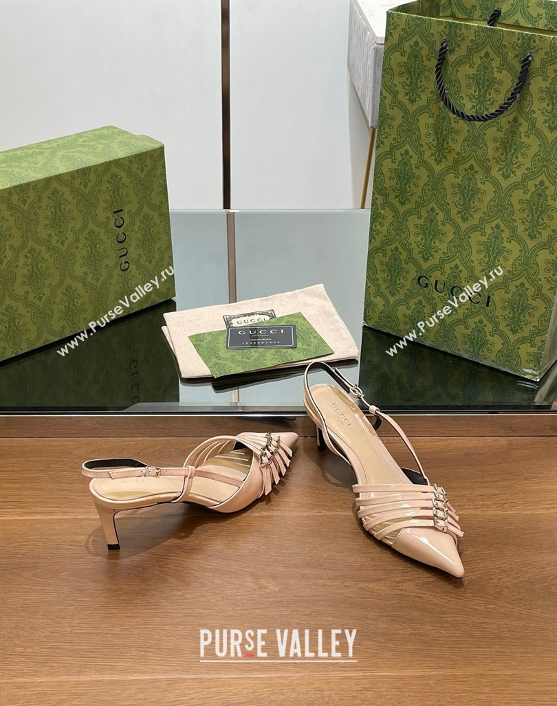 Gucci Patent Leather Slingback Pumps 6.5cm with Multi Buckle Nude 2024 (SS-240906070)