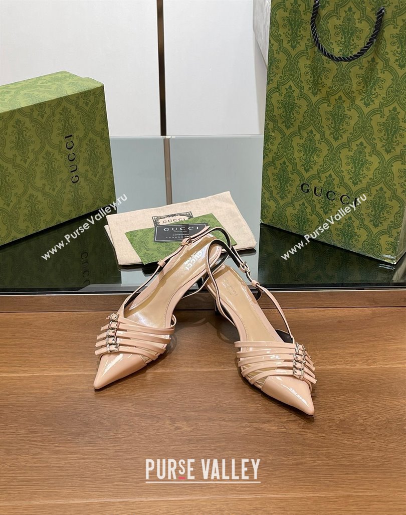 Gucci Patent Leather Slingback Pumps 6.5cm with Multi Buckle Nude 2024 (SS-240906070)