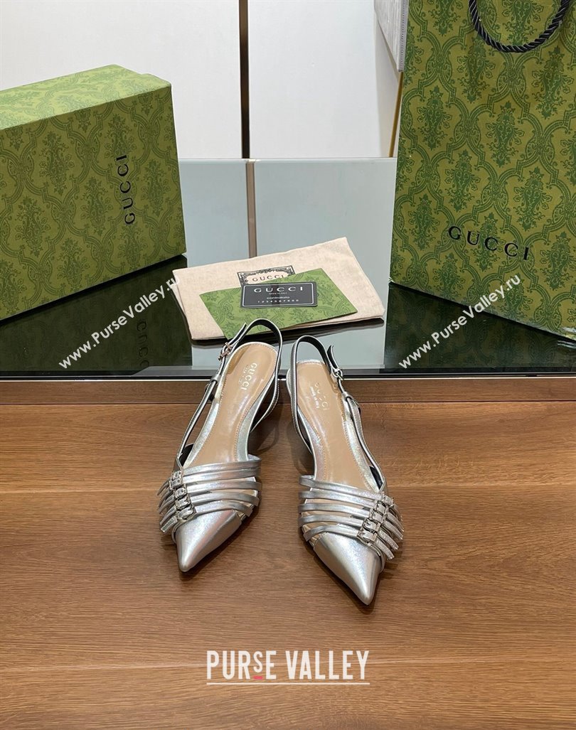 Gucci Patent Leather Slingback Pumps 6.5cm with Multi Buckle Silver 2024 (SS-240906071)