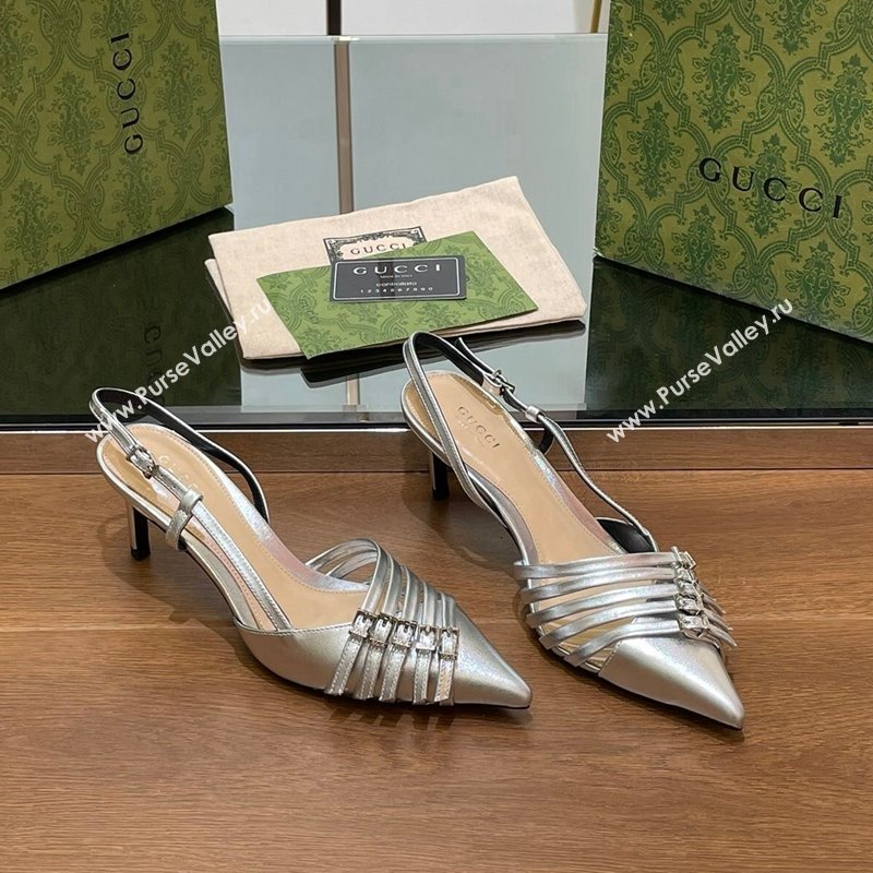 Gucci Patent Leather Slingback Pumps 6.5cm with Multi Buckle Silver 2024 (SS-240906071)