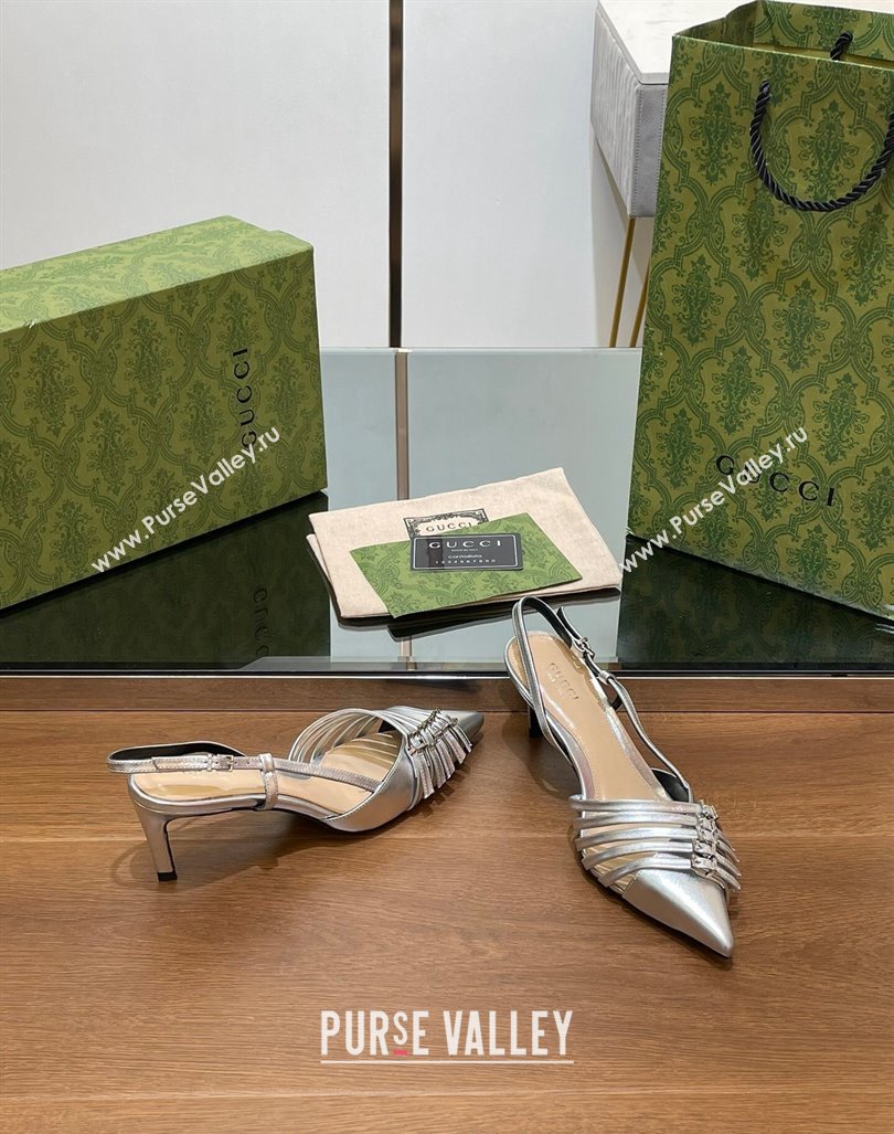 Gucci Patent Leather Slingback Pumps 6.5cm with Multi Buckle Silver 2024 (SS-240906071)