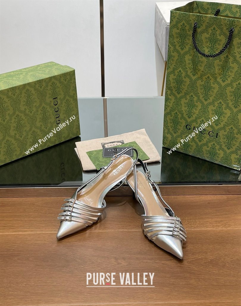 Gucci Patent Leather Slingback Pumps 6.5cm with Multi Buckle Silver 2024 (SS-240906071)