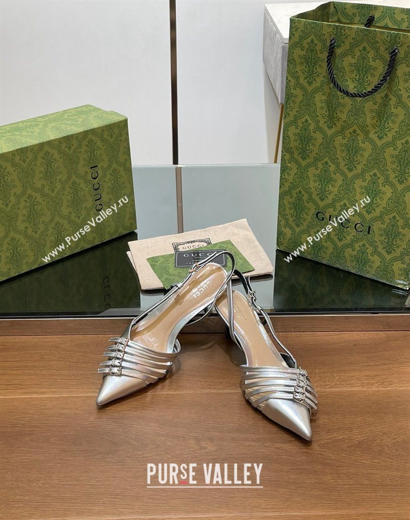 Gucci Patent Leather Slingback Pumps 6.5cm with Multi Buckle Silver 2024 (SS-240906071)