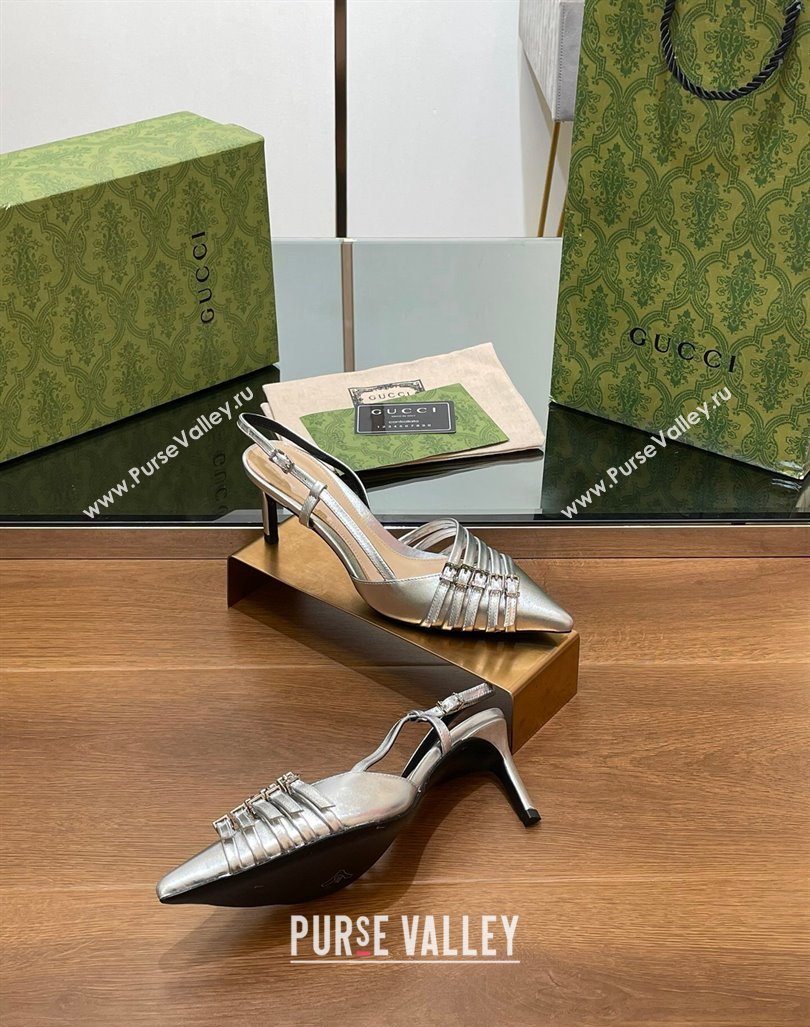 Gucci Patent Leather Slingback Pumps 6.5cm with Multi Buckle Silver 2024 (SS-240906071)