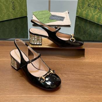 Gucci Patent Leather Horsebit Slingback Pumps 5.5cm with Strass Heel Black 2024 GG090605 (SS-240906055)