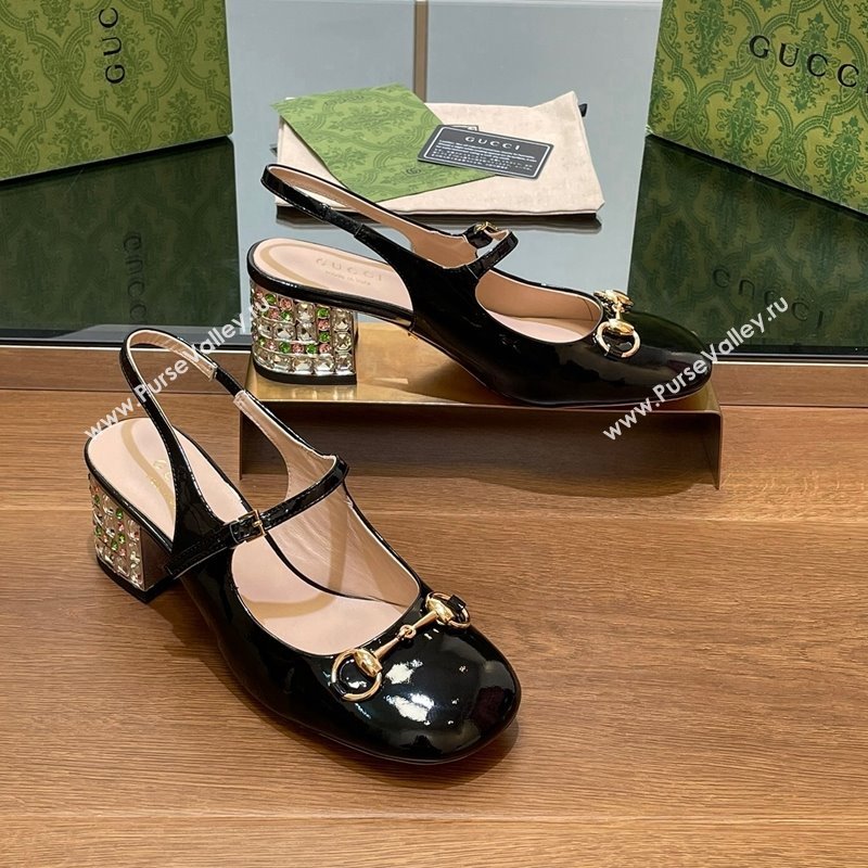 Gucci Patent Leather Horsebit Slingback Pumps 5.5cm with Strass Heel Black 2024 GG090605 (SS-240906055)