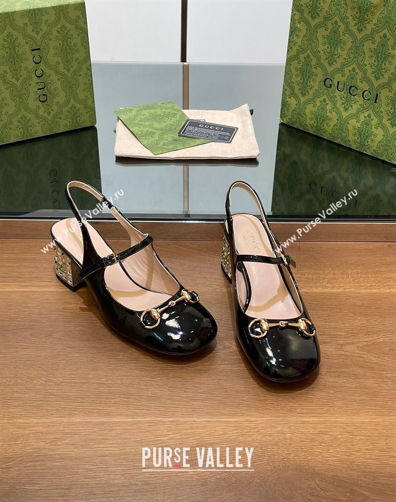 Gucci Patent Leather Horsebit Slingback Pumps 5.5cm with Strass Heel Black 2024 GG090605 (SS-240906055)