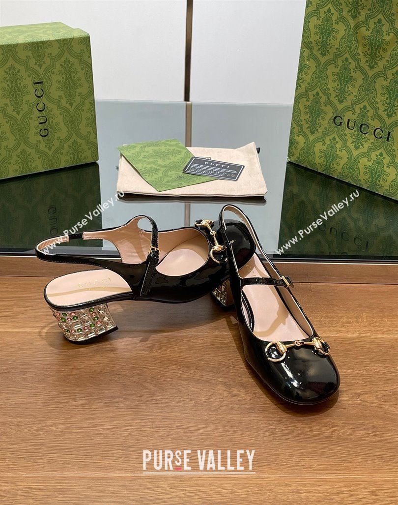 Gucci Patent Leather Horsebit Slingback Pumps 5.5cm with Strass Heel Black 2024 GG090605 (SS-240906055)