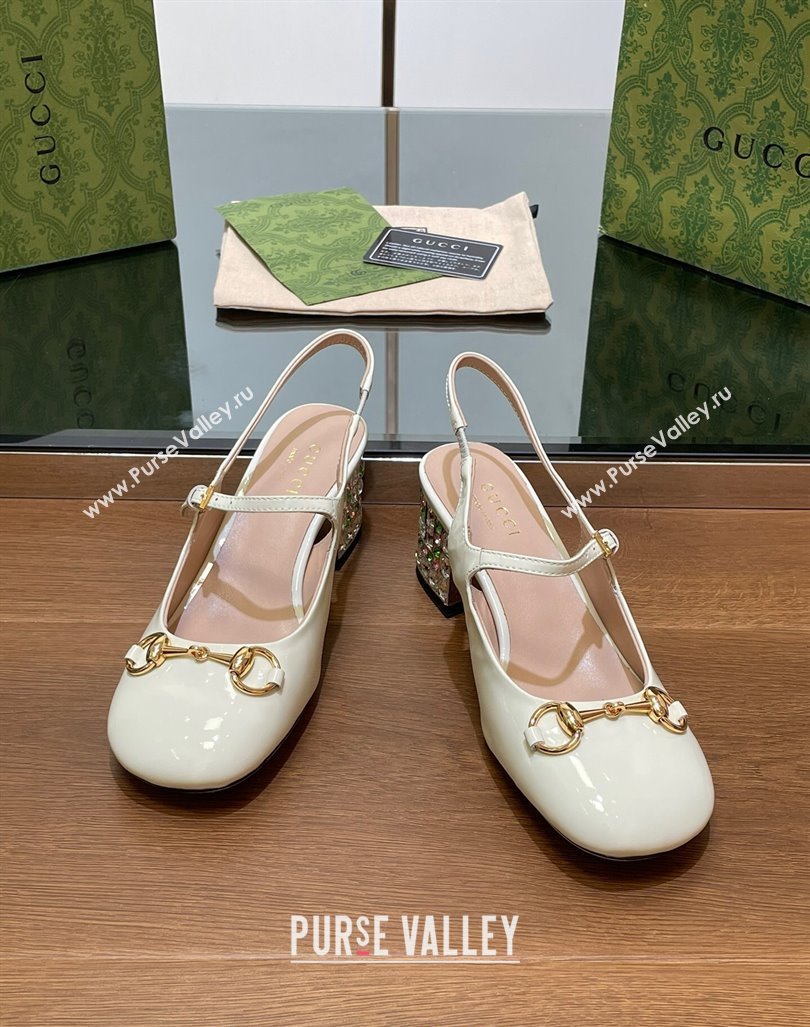 Gucci Patent Leather Horsebit Slingback Pumps 5.5cm with Strass Heel White 2024 GG090605 (SS-240906056)