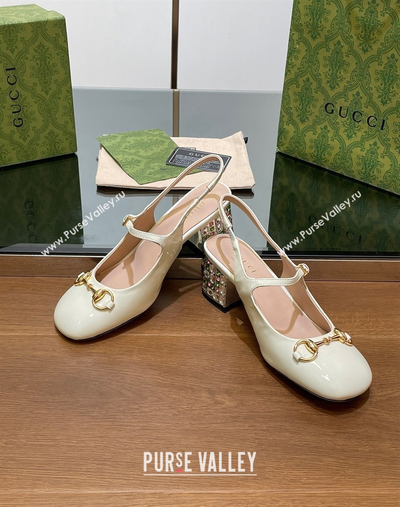 Gucci Patent Leather Horsebit Slingback Pumps 5.5cm with Strass Heel White 2024 GG090605 (SS-240906056)