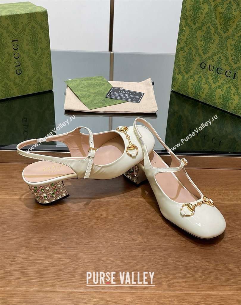 Gucci Patent Leather Horsebit Slingback Pumps 5.5cm with Strass Heel White 2024 GG090605 (SS-240906056)