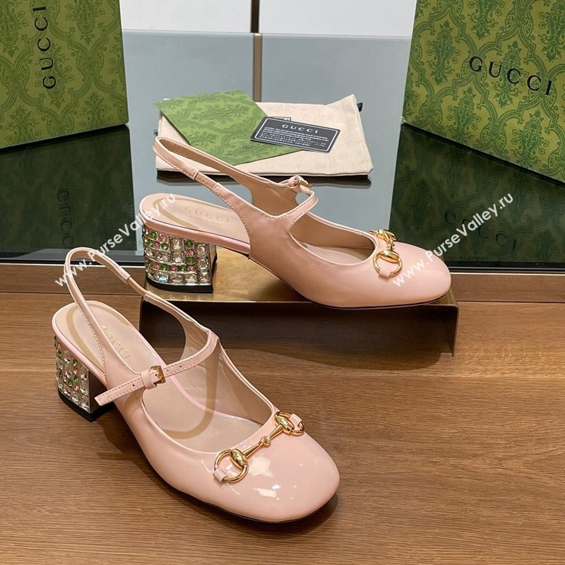 Gucci Patent Leather Horsebit Slingback Pumps 5.5cm with Strass Heel Light Pink 2024 GG090605 (SS-240906057)