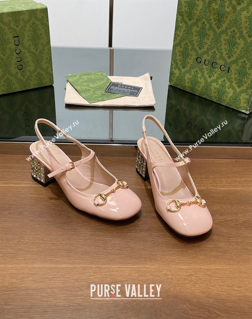 Gucci Patent Leather Horsebit Slingback Pumps 5.5cm with Strass Heel Light Pink 2024 GG090605 (SS-240906057)