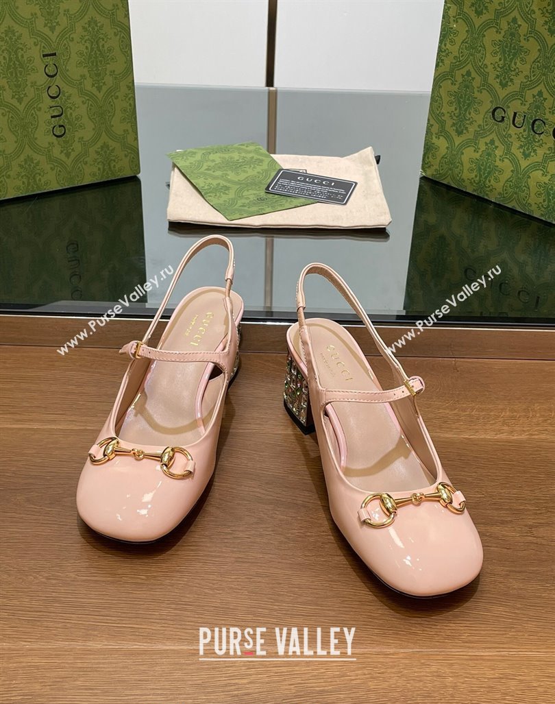 Gucci Patent Leather Horsebit Slingback Pumps 5.5cm with Strass Heel Light Pink 2024 GG090605 (SS-240906057)