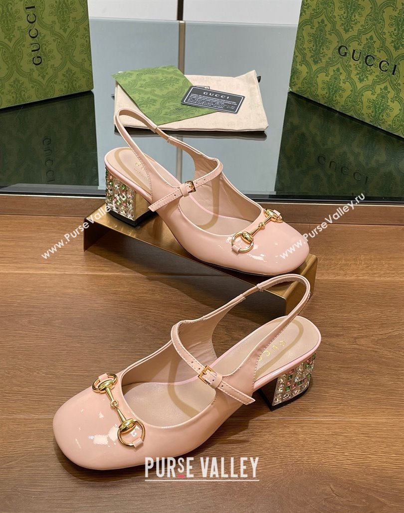 Gucci Patent Leather Horsebit Slingback Pumps 5.5cm with Strass Heel Light Pink 2024 GG090605 (SS-240906057)