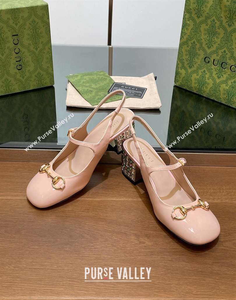 Gucci Patent Leather Horsebit Slingback Pumps 5.5cm with Strass Heel Light Pink 2024 GG090605 (SS-240906057)