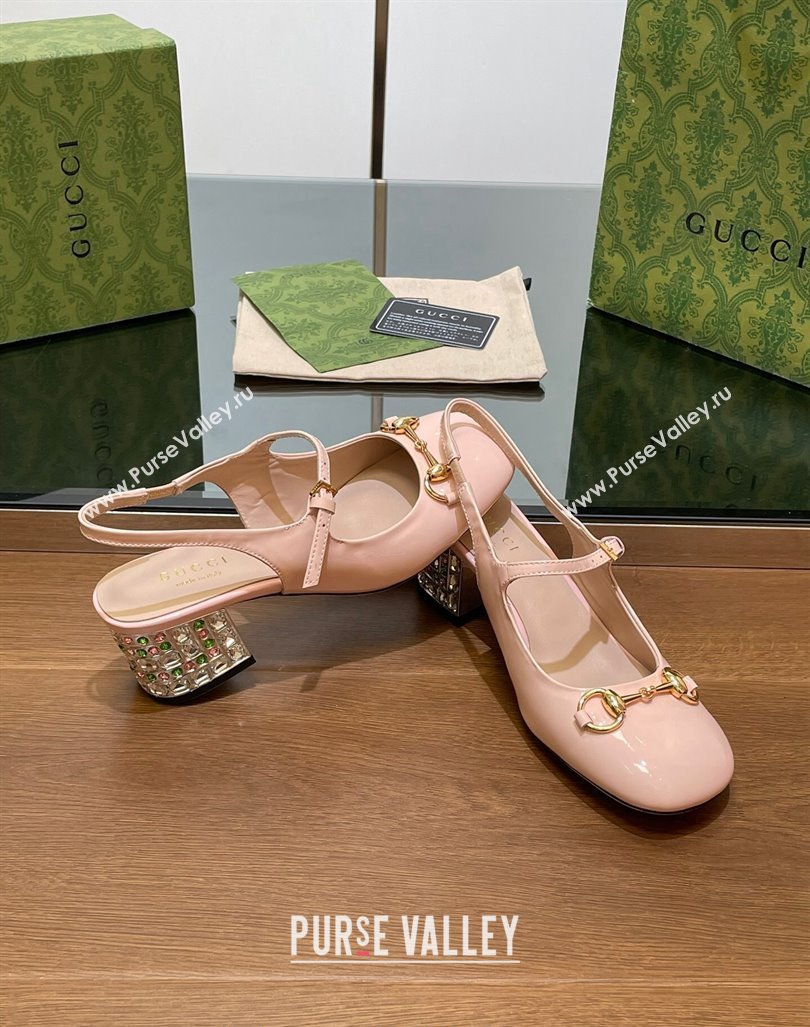 Gucci Patent Leather Horsebit Slingback Pumps 5.5cm with Strass Heel Light Pink 2024 GG090605 (SS-240906057)