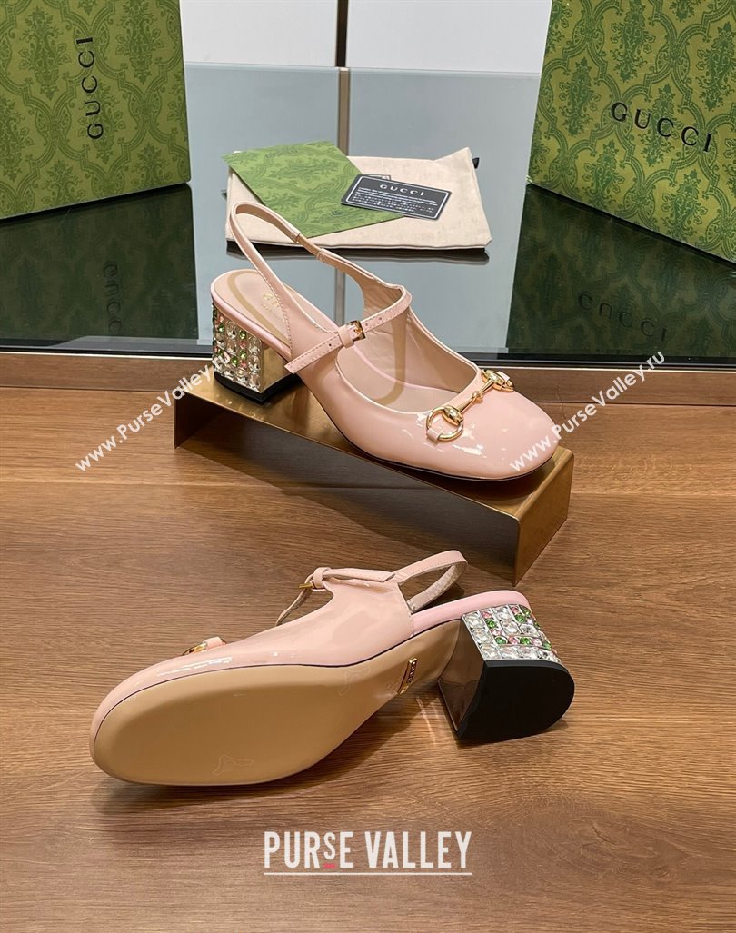 Gucci Patent Leather Horsebit Slingback Pumps 5.5cm with Strass Heel Light Pink 2024 GG090605 (SS-240906057)