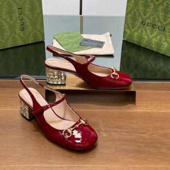 Gucci Patent Leather Horsebit Slingback Pumps 5.5cm with Strass Heel Burgundy 2024 GG090605 (SS-240906058)