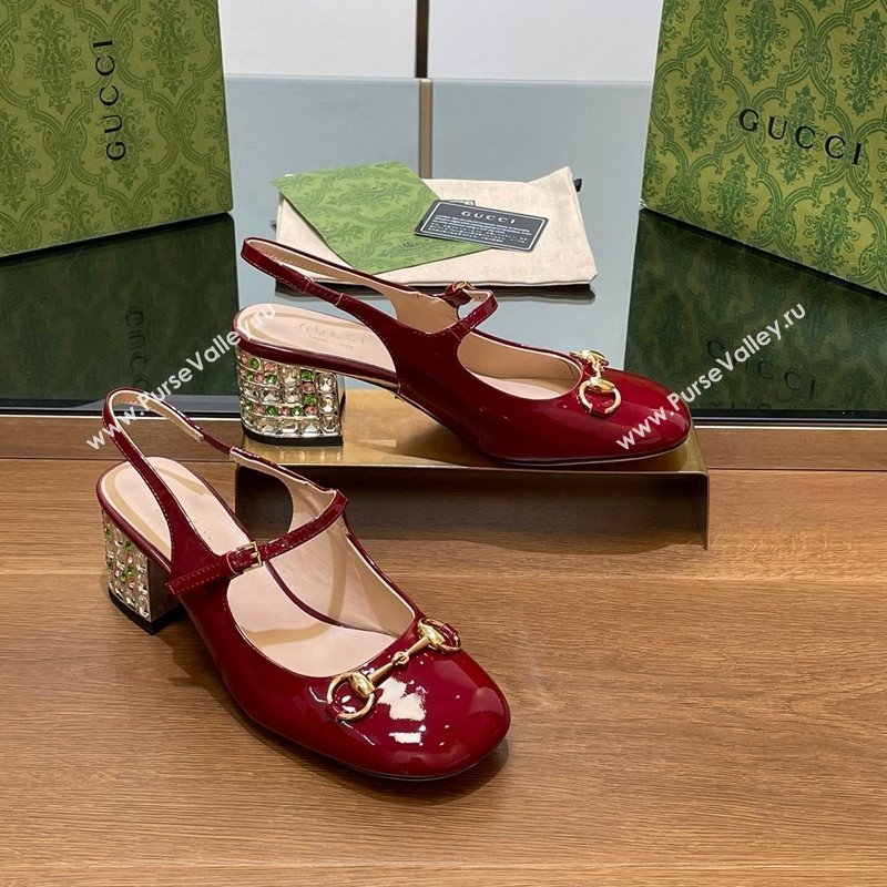 Gucci Patent Leather Horsebit Slingback Pumps 5.5cm with Strass Heel Burgundy 2024 GG090605 (SS-240906058)