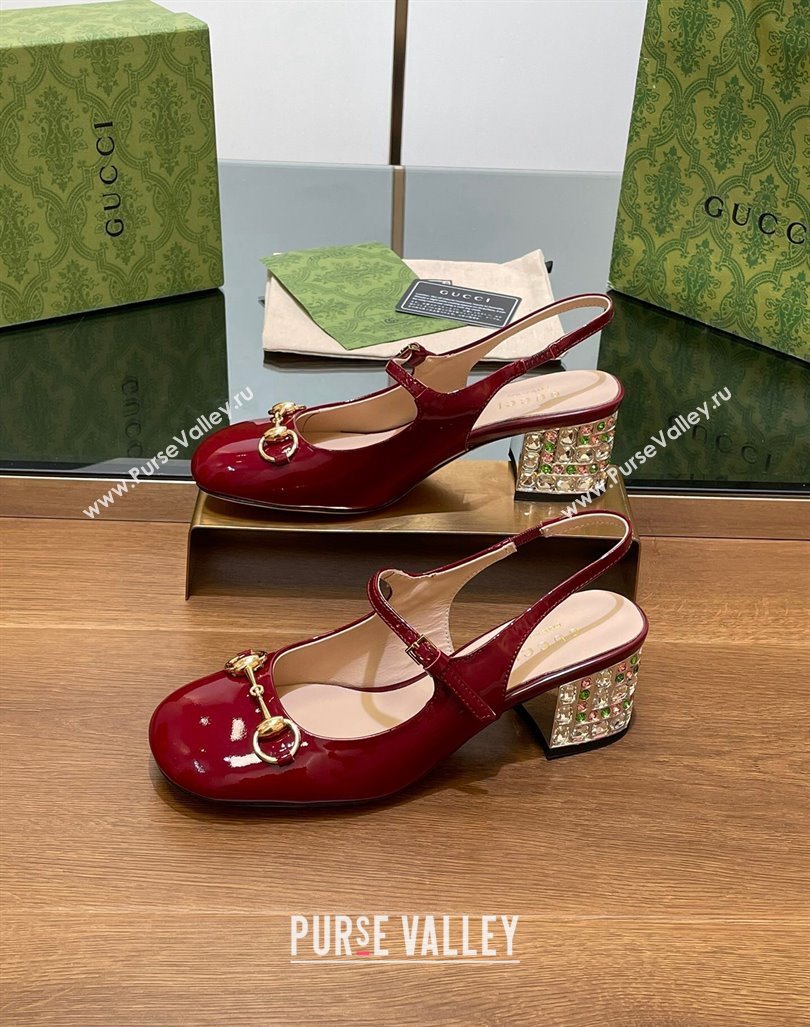 Gucci Patent Leather Horsebit Slingback Pumps 5.5cm with Strass Heel Burgundy 2024 GG090605 (SS-240906058)