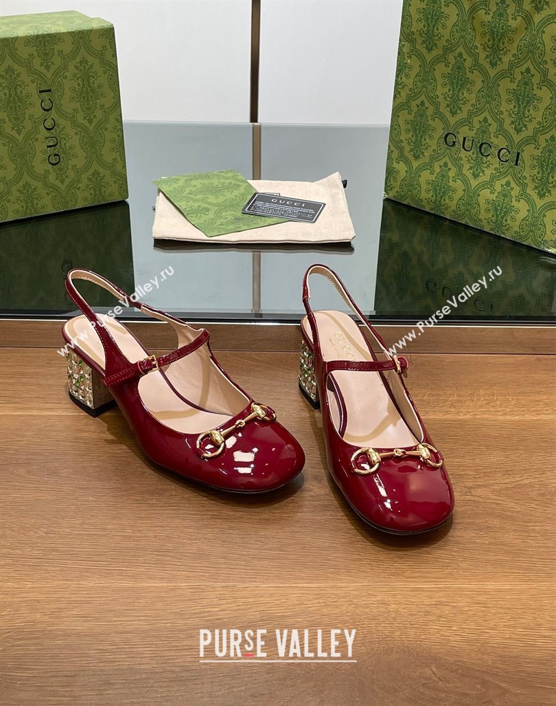 Gucci Patent Leather Horsebit Slingback Pumps 5.5cm with Strass Heel Burgundy 2024 GG090605 (SS-240906058)