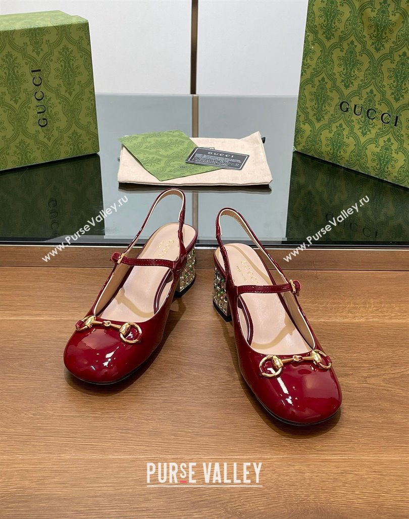 Gucci Patent Leather Horsebit Slingback Pumps 5.5cm with Strass Heel Burgundy 2024 GG090605 (SS-240906058)