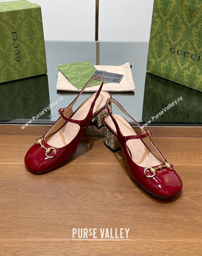 Gucci Patent Leather Horsebit Slingback Pumps 5.5cm with Strass Heel Burgundy 2024 GG090605 (SS-240906058)