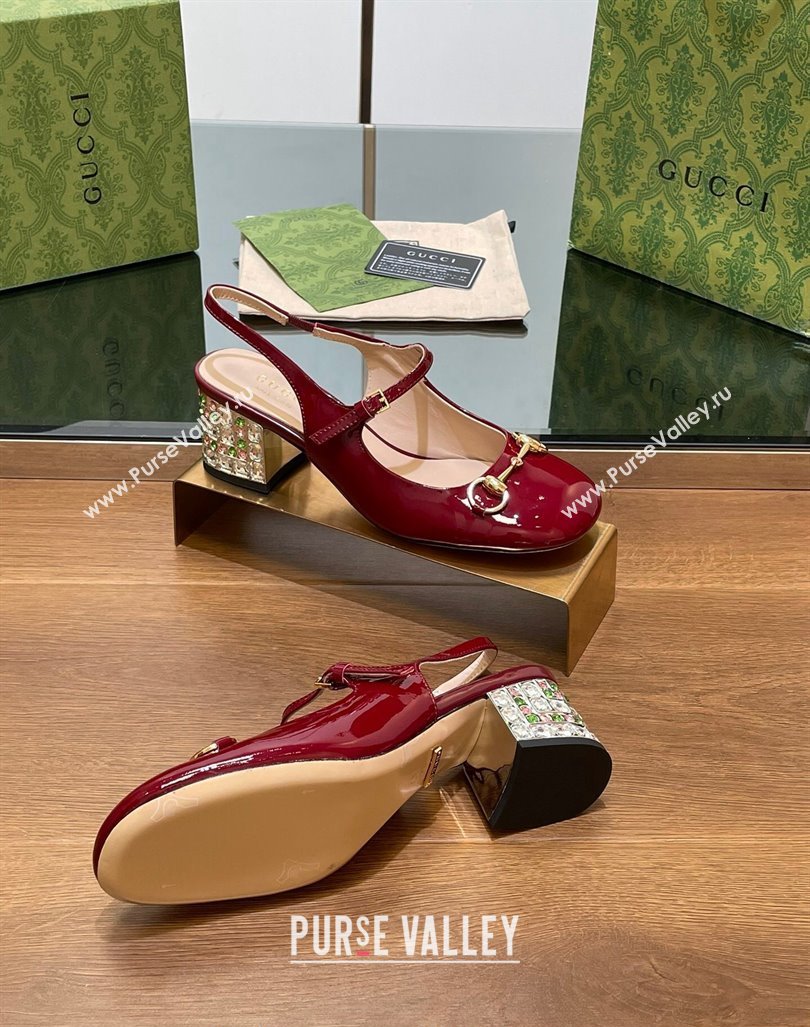 Gucci Patent Leather Horsebit Slingback Pumps 5.5cm with Strass Heel Burgundy 2024 GG090605 (SS-240906058)