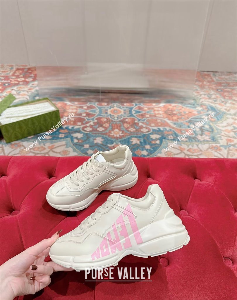 Gucci Rhyton Sneakers in Ivory White Leather with Pink Logo 2024 0906 (MD-240906115)