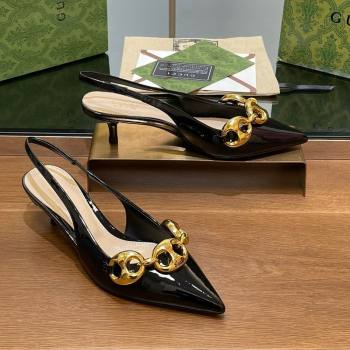 Gucci Patent Leather Slingback Pumps 4.5cm with Marina Chain Black 2024 (SS-240906036)