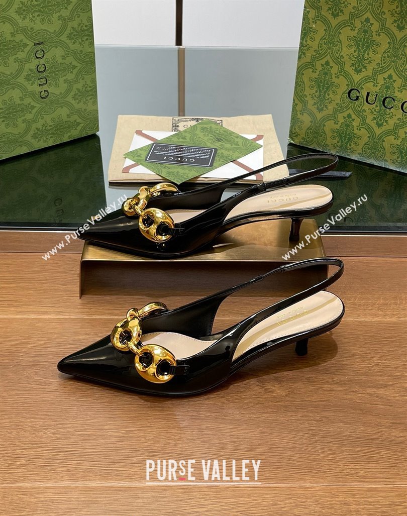 Gucci Patent Leather Slingback Pumps 4.5cm with Marina Chain Black 2024 (SS-240906036)