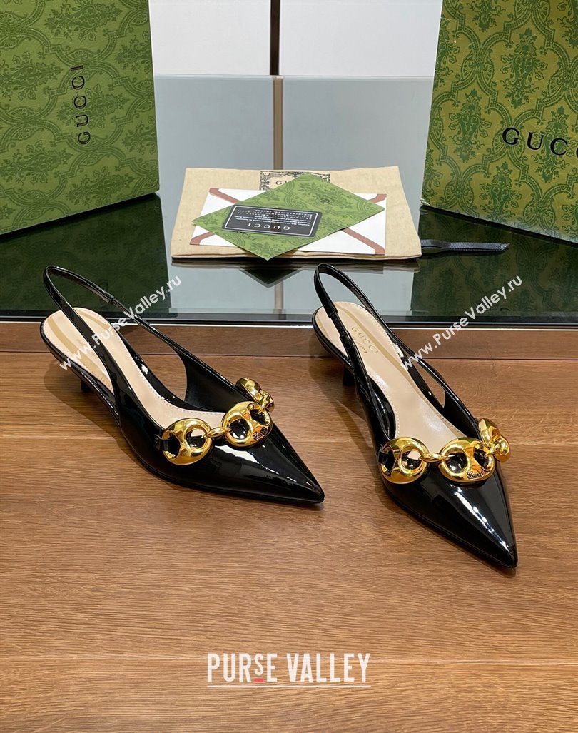 Gucci Patent Leather Slingback Pumps 4.5cm with Marina Chain Black 2024 (SS-240906036)