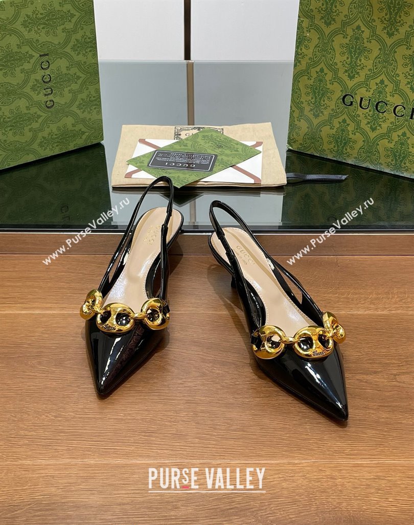 Gucci Patent Leather Slingback Pumps 4.5cm with Marina Chain Black 2024 (SS-240906036)