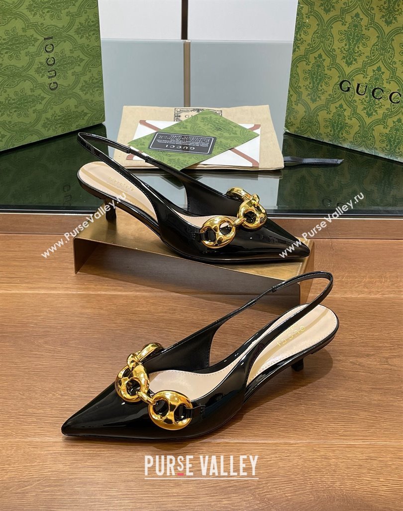 Gucci Patent Leather Slingback Pumps 4.5cm with Marina Chain Black 2024 (SS-240906036)