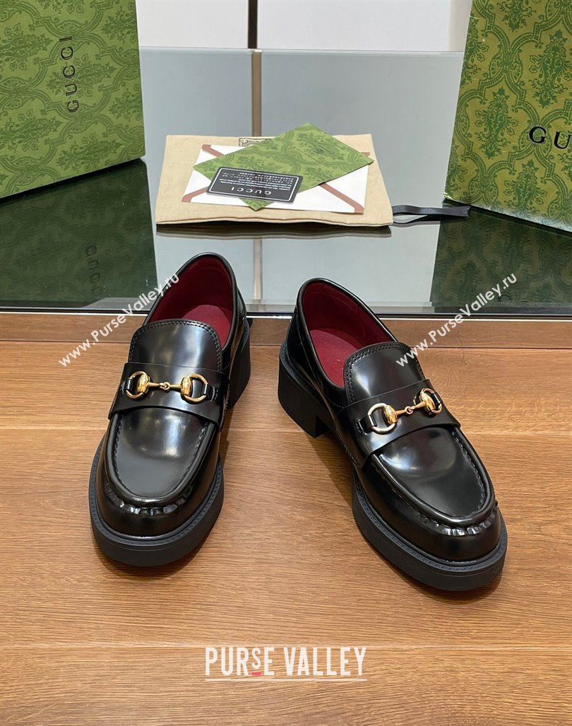 Gucci Horsebit Shiny Leather Loafers 4.5cm Black 2024 794378 (MD-240906130)