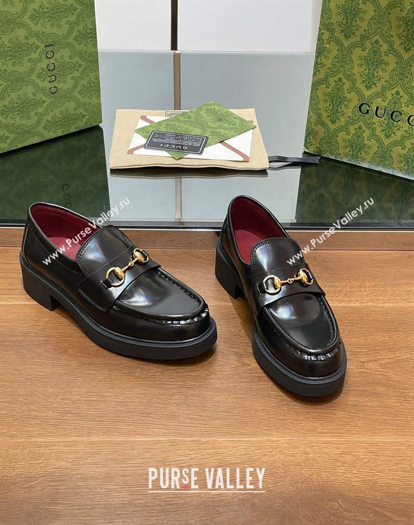 Gucci Horsebit Shiny Leather Loafers 4.5cm Black 2024 794378 (MD-240906130)