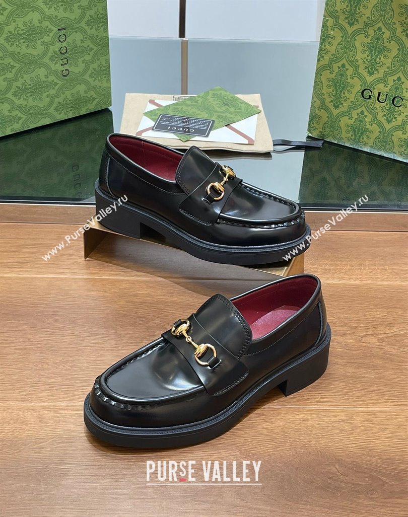 Gucci Horsebit Shiny Leather Loafers 4.5cm Black 2024 794378 (MD-240906130)