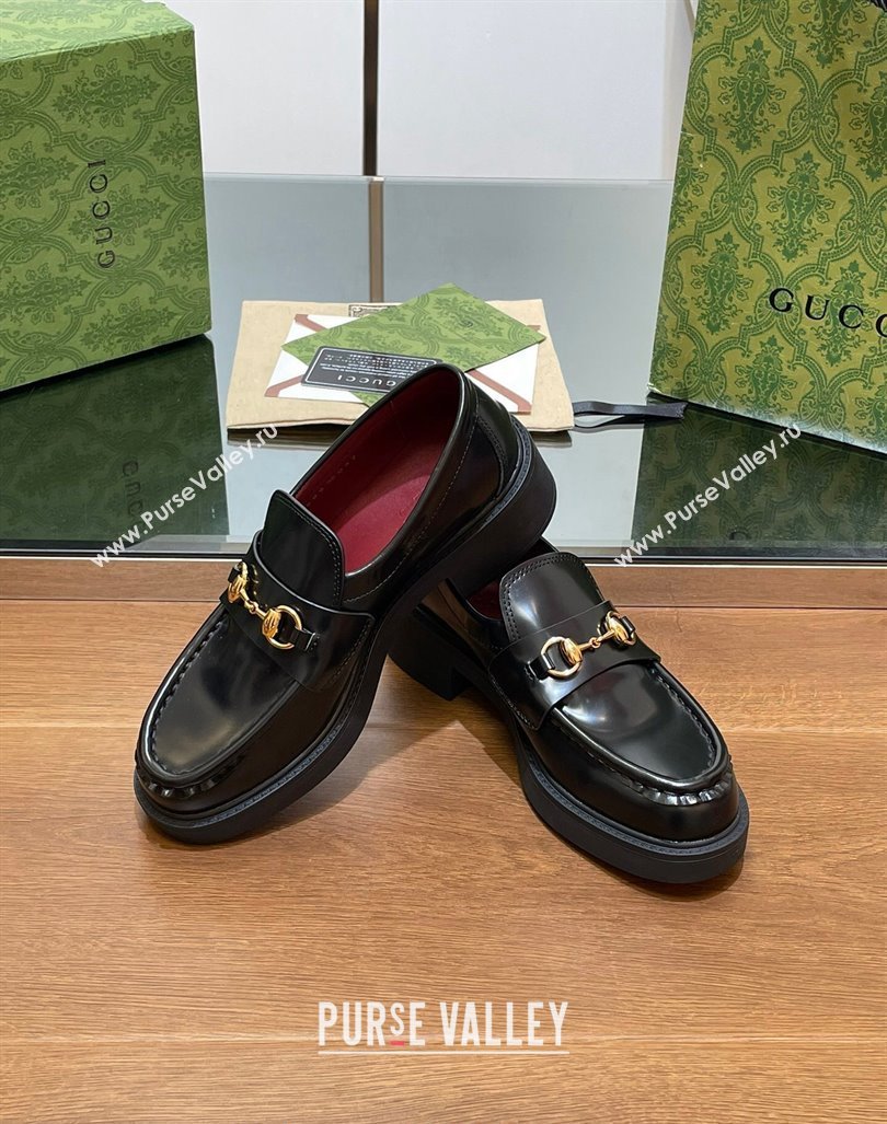 Gucci Horsebit Shiny Leather Loafers 4.5cm Black 2024 794378 (MD-240906130)