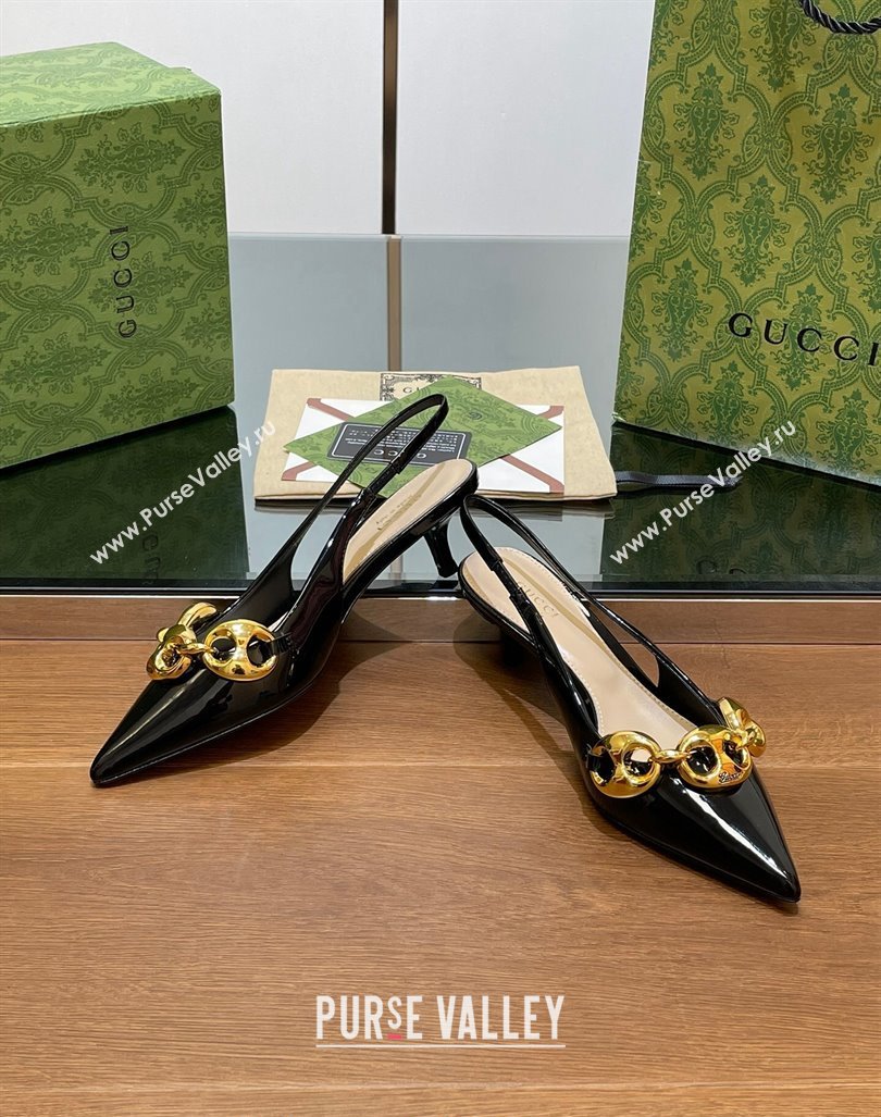 Gucci Patent Leather Slingback Pumps 4.5cm with Marina Chain Black 2024 (SS-240906036)