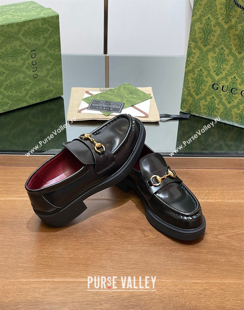 Gucci Horsebit Shiny Leather Loafers 4.5cm Black 2024 794378 (MD-240906130)