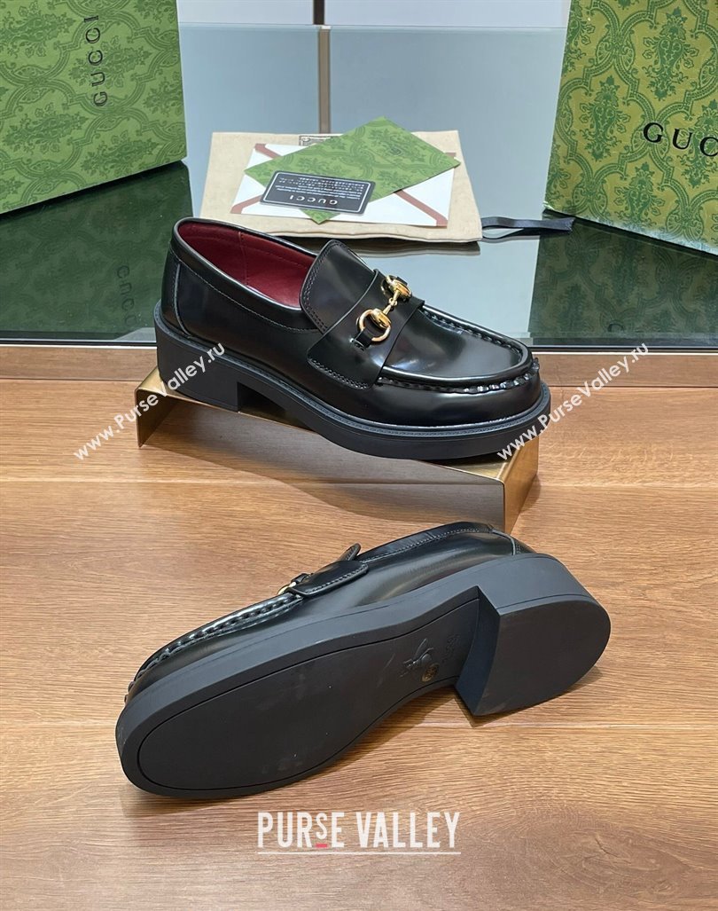 Gucci Horsebit Shiny Leather Loafers 4.5cm Black 2024 794378 (MD-240906130)