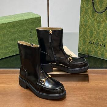 Gucci Shiny Leather Horsebit Ankle Boots 4.5cm Black 2024 798724 (MD-240906013)