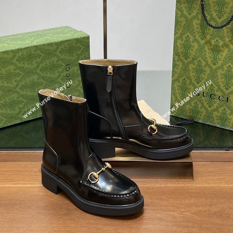 Gucci Shiny Leather Horsebit Ankle Boots 4.5cm Black 2024 798724 (MD-240906013)