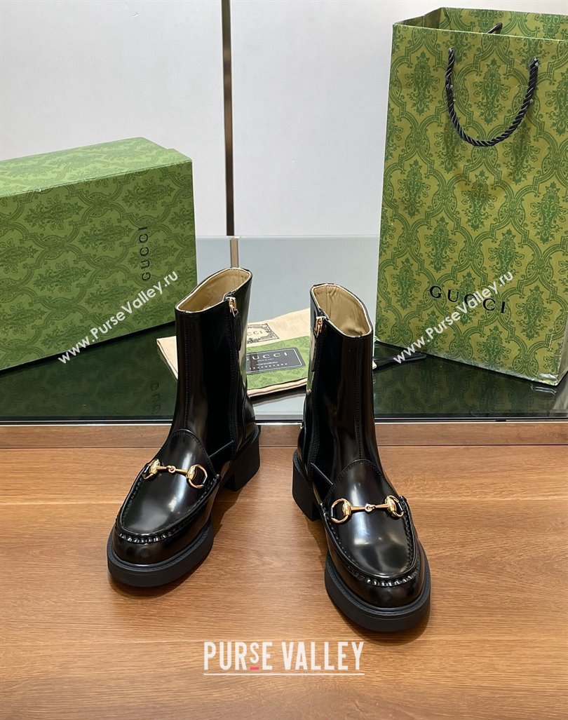 Gucci Shiny Leather Horsebit Ankle Boots 4.5cm Black 2024 798724 (MD-240906013)